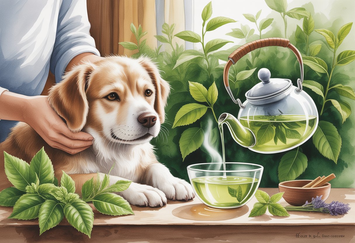 A calm dog surrounded by green tea leaves and a teapot pouring tea into a bowl, set in a cozy room with plants and natural light.
