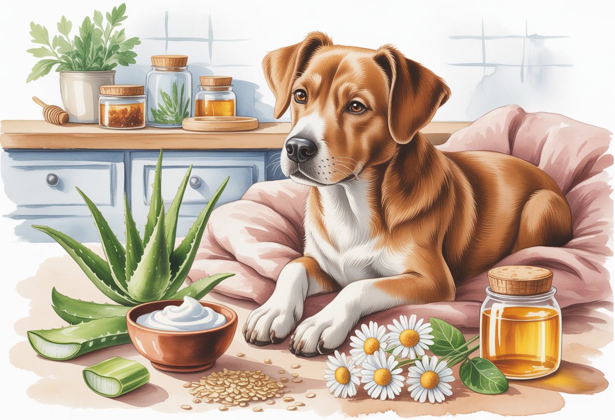 A calm dog sitting on a blanket surrounded by natural home treatment ingredients like yogurt, aloe vera, chamomile, oatmeal, and honey in a cozy kitchen setting.