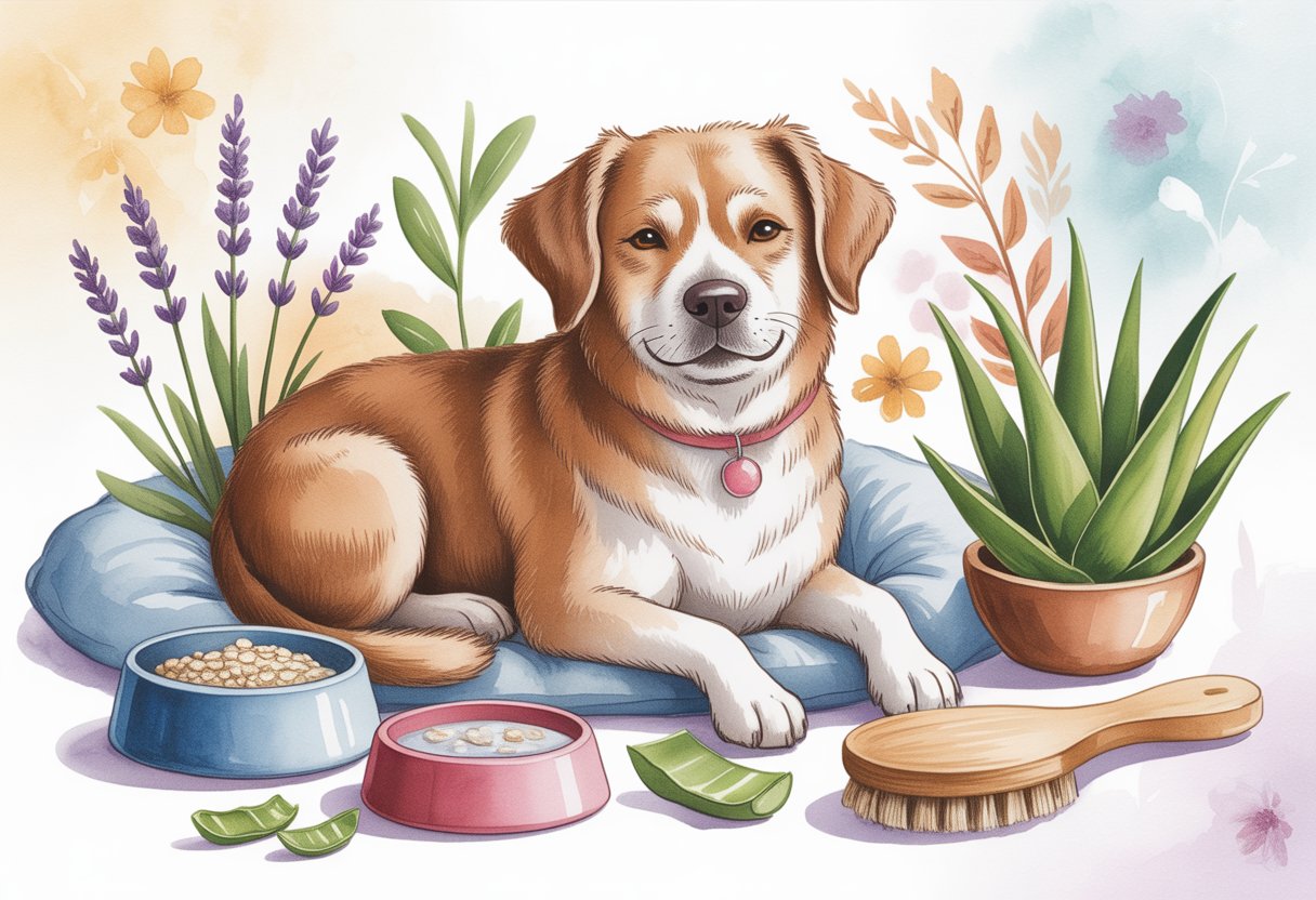 A calm dog sitting comfortably indoors surrounded by natural plants and home treatment items.