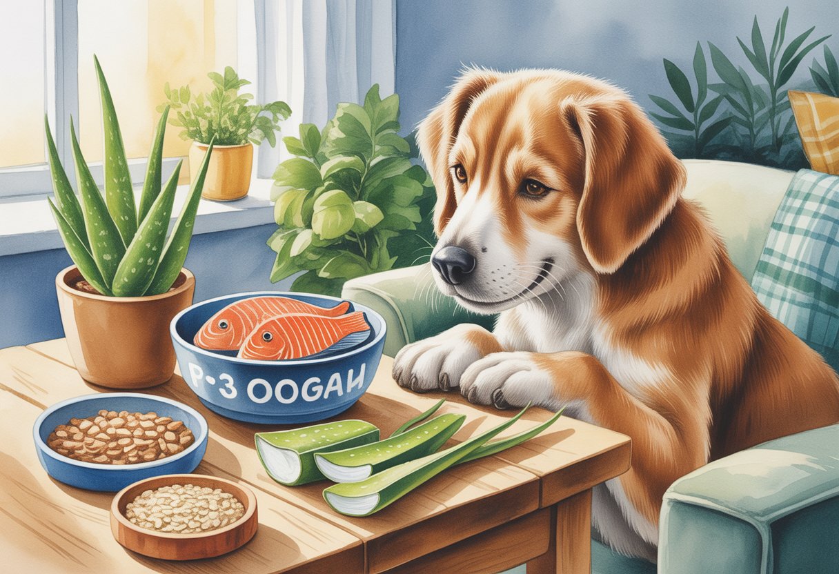 A happy dog scratching itself indoors near a bowl of fish and natural remedies on a wooden table in a cozy home setting.