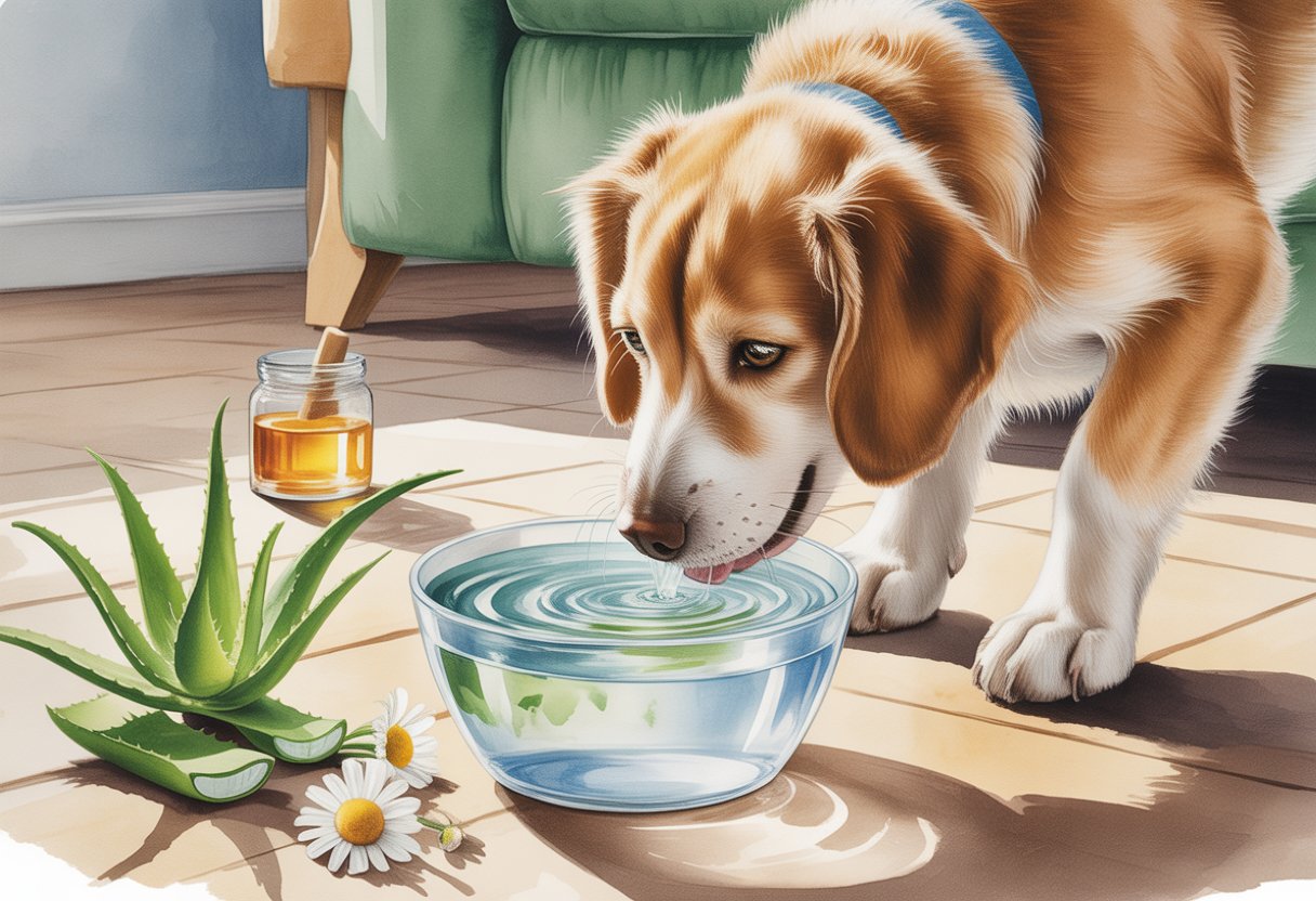A dog drinking fresh water from a bowl in a cozy sunlit room with natural home remedy plants nearby.