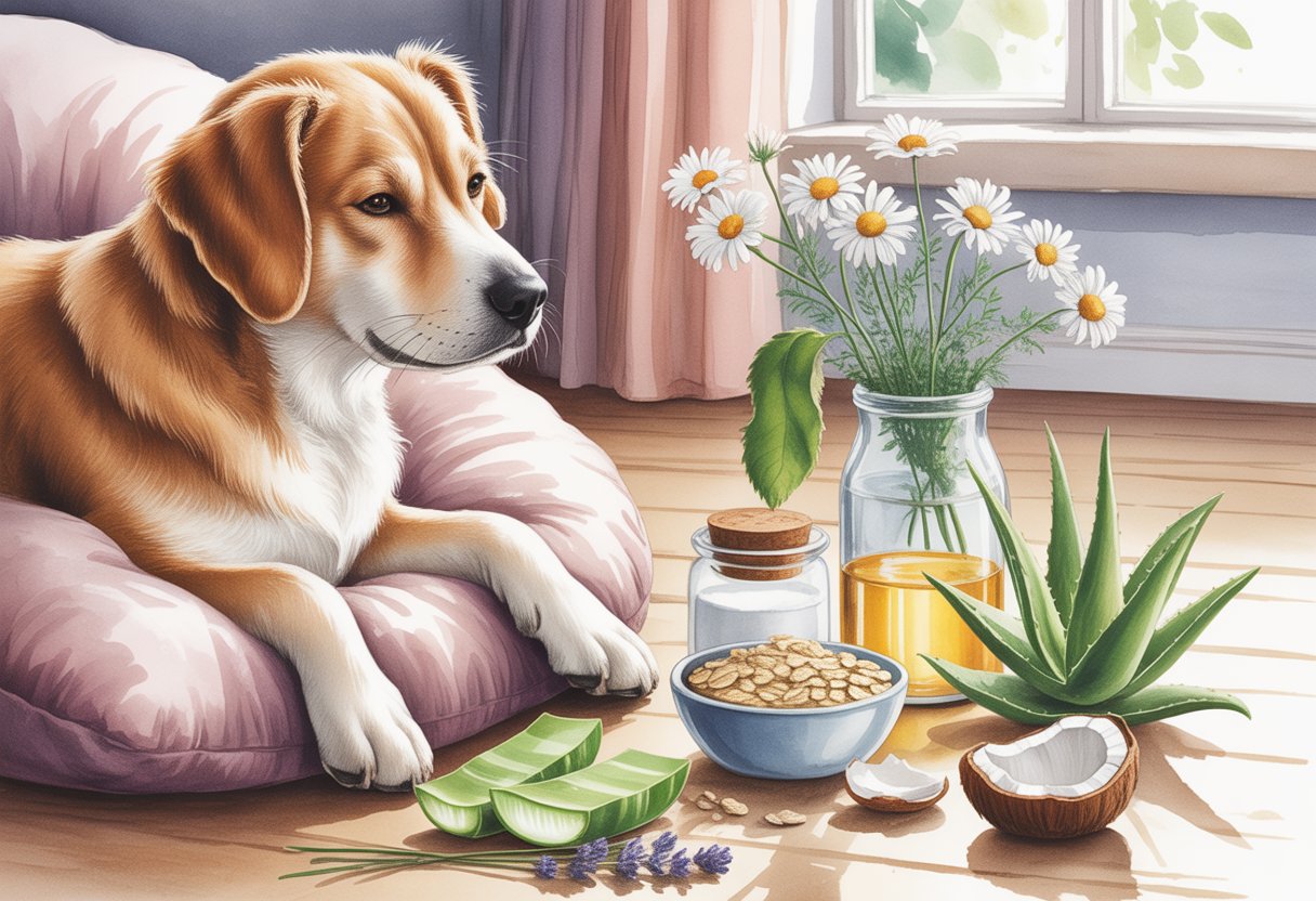 A calm dog sitting on a cushion surrounded by natural home remedy items like oatmeal, aloe vera, chamomile, coconut oil, and lavender in a warm, cozy room.