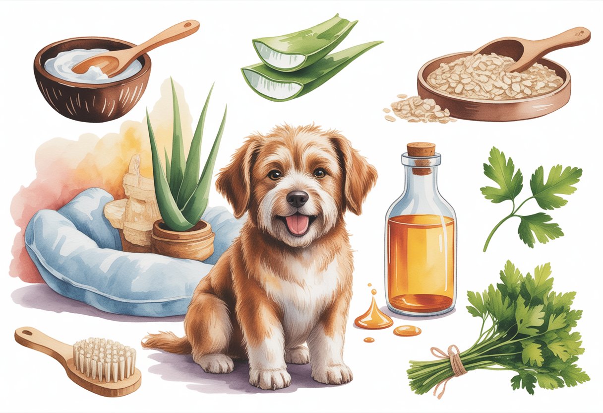 A calm dog surrounded by natural ingredients like coconut oil, aloe vera, oatmeal, apple cider vinegar, parsley, and a brush, representing home remedies for dog dandruff.