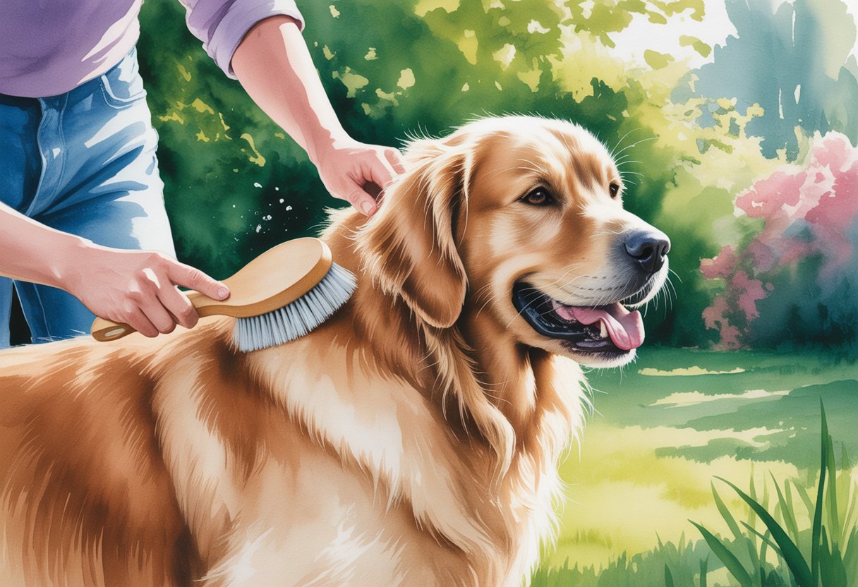A person brushing a golden retriever dog outdoors in a garden setting.