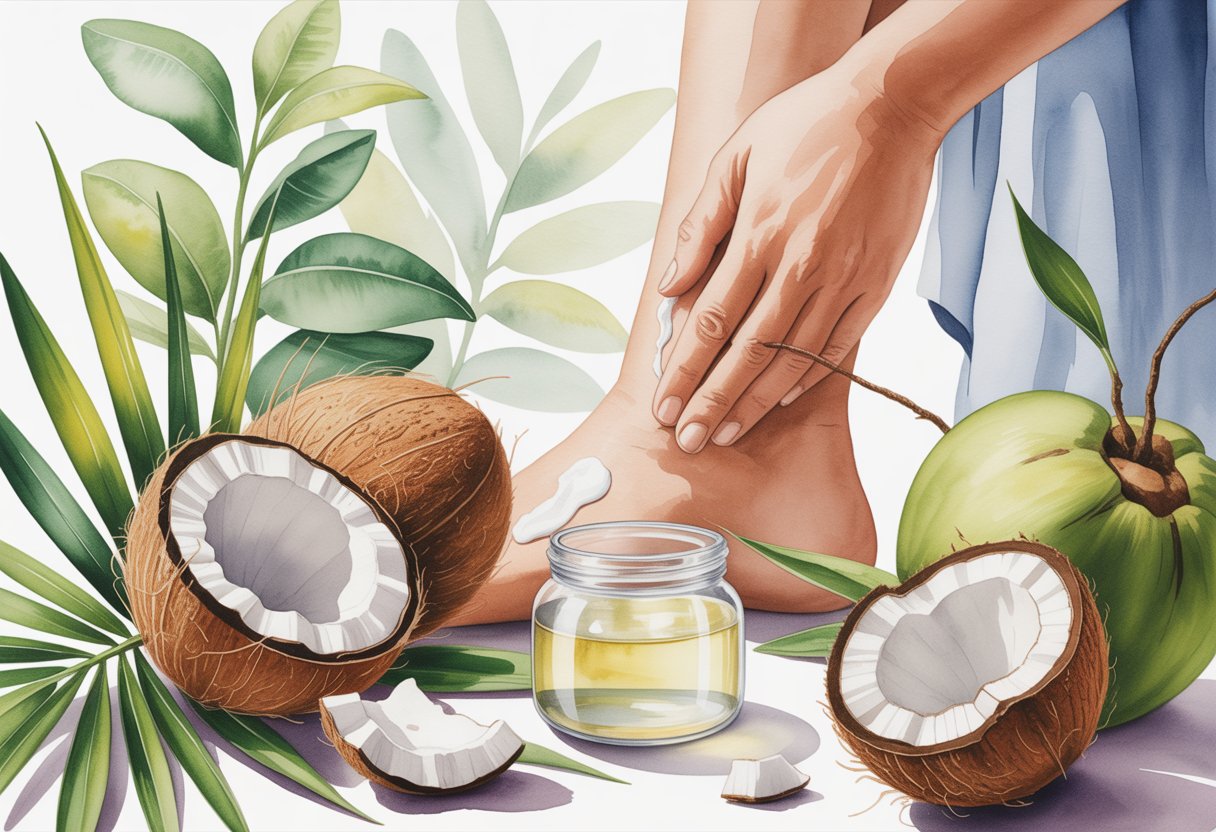 A hand applying coconut oil to the skin with coconuts and green leaves around.