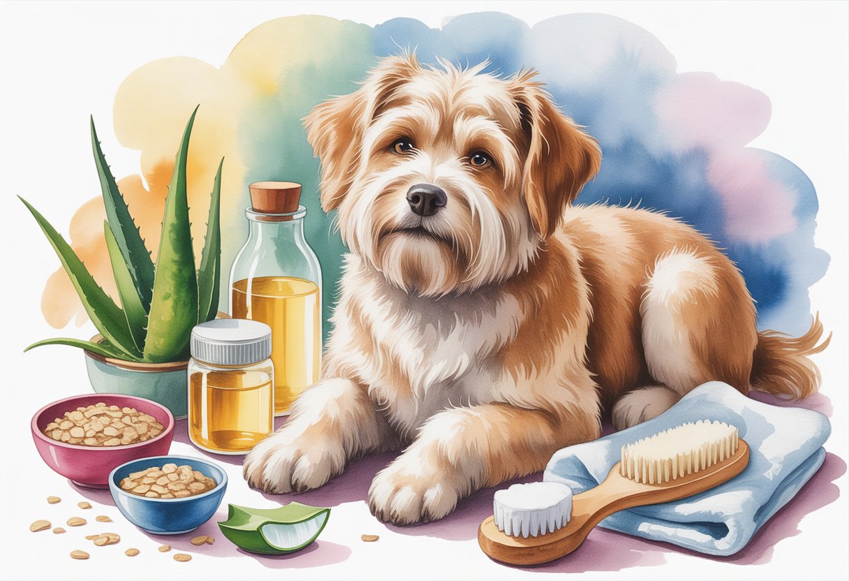 A fluffy dog sitting calmly indoors surrounded by natural items like bowls of oatmeal, aloe vera leaves, and coconut oil jars.