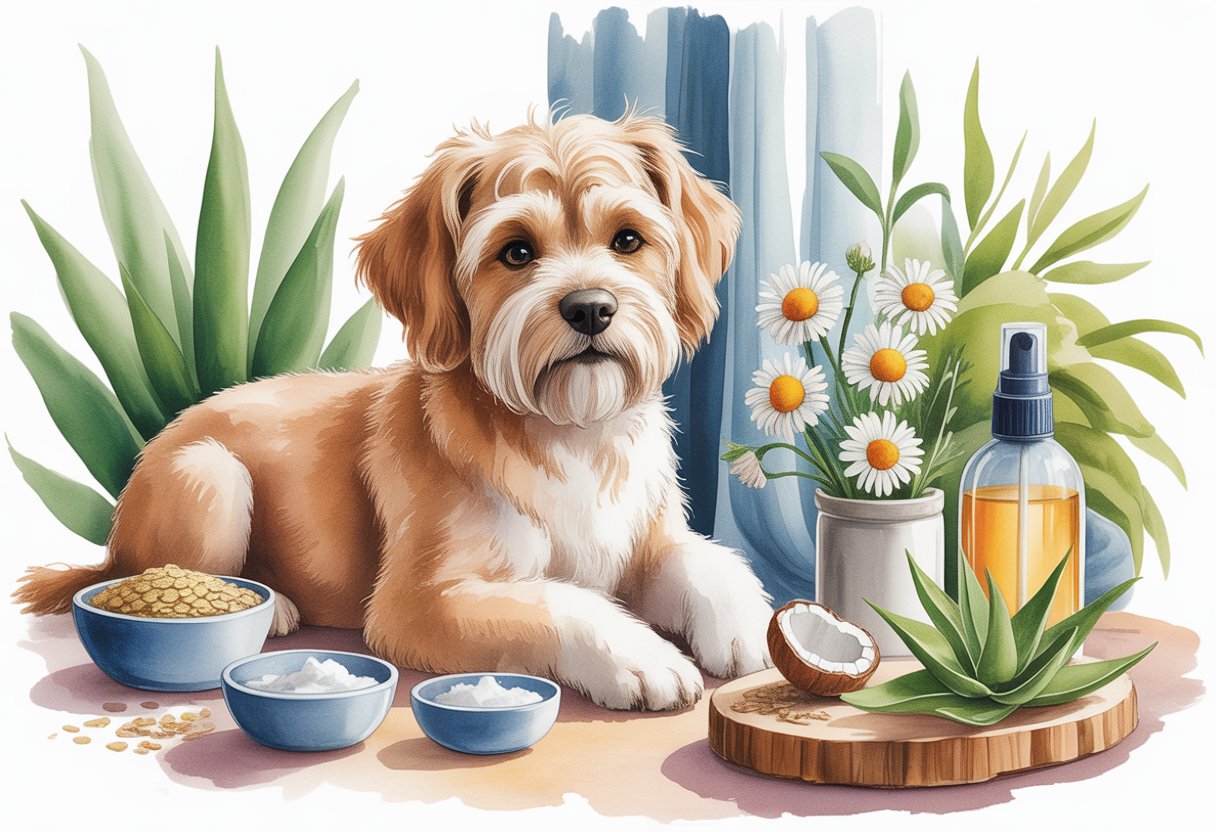 A calm fluffy dog sitting indoors surrounded by natural ingredients like oatmeal, coconut oil, aloe vera, and chamomile flowers on a wooden table.