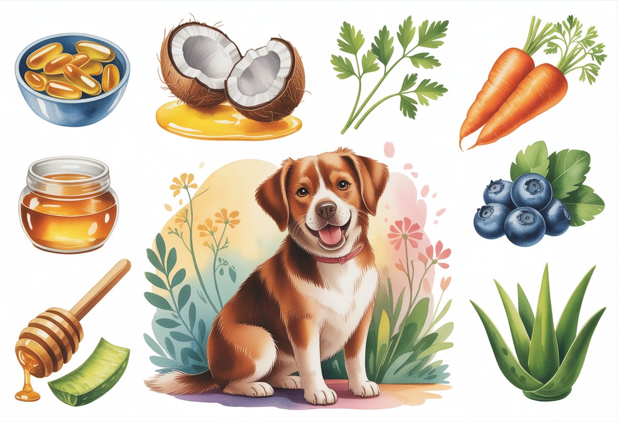 A happy dog with a shiny coat surrounded by natural ingredients like fish oil, coconut, parsley, honey, carrots, blueberries, and aloe vera.