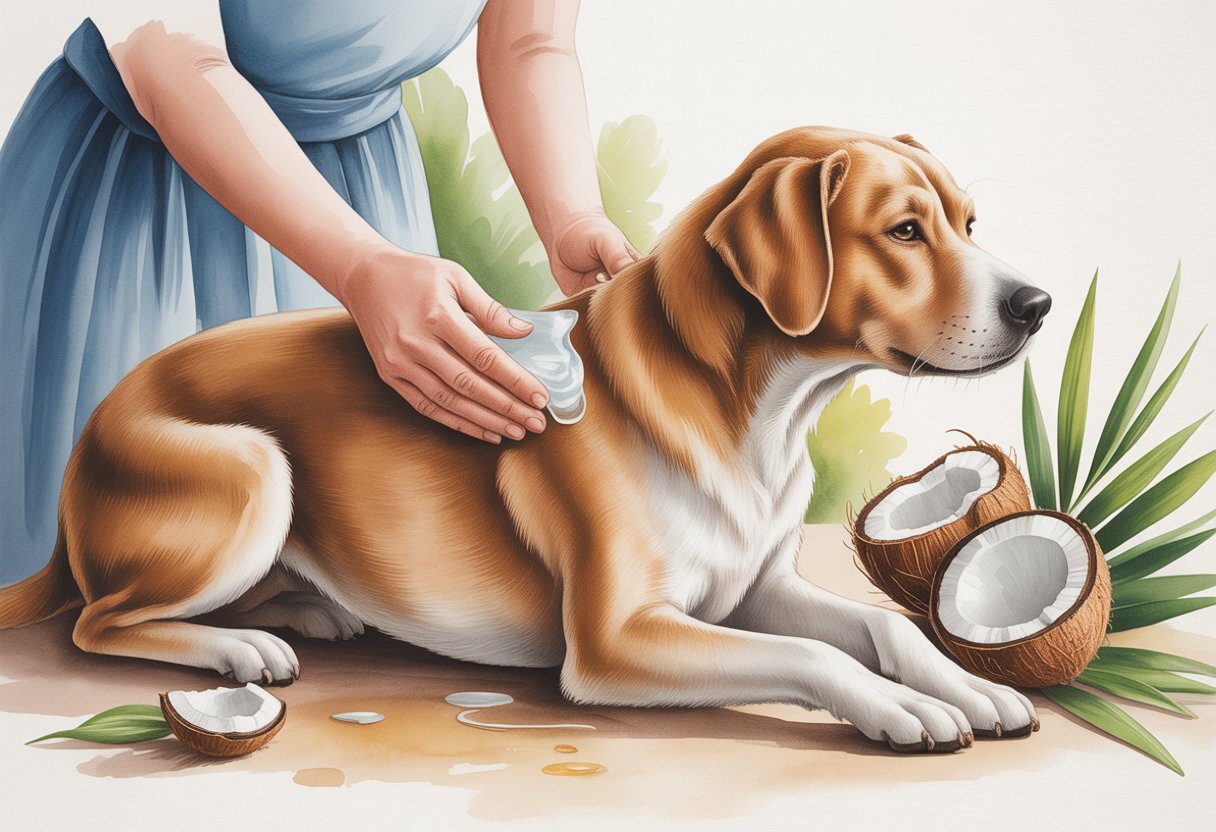 A person gently applying oil to a calm dog’s coat with coconut halves and green leaves nearby.