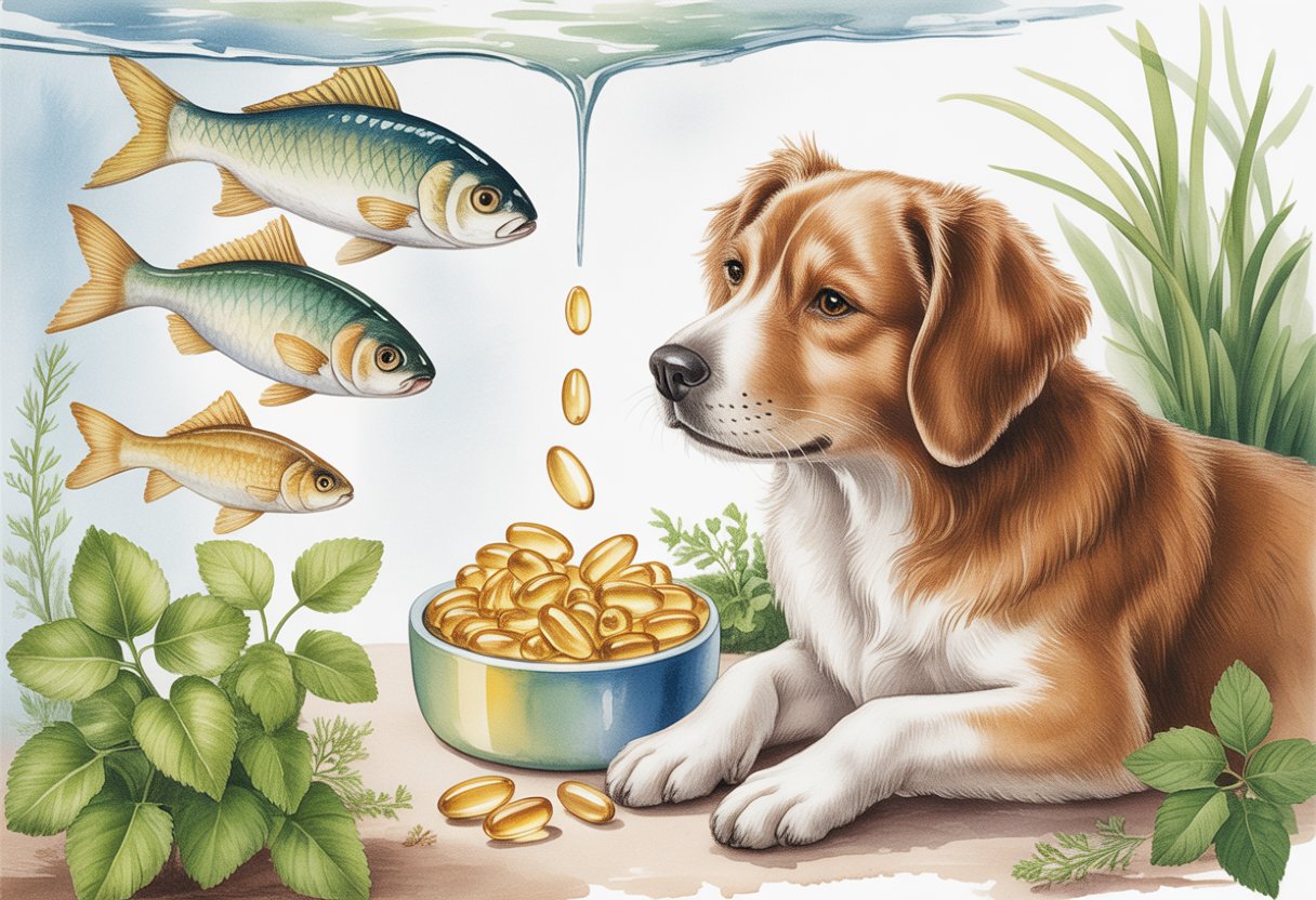 A healthy dog with a shiny coat sitting next to a bowl of fish oil capsules surrounded by fish and green plants.