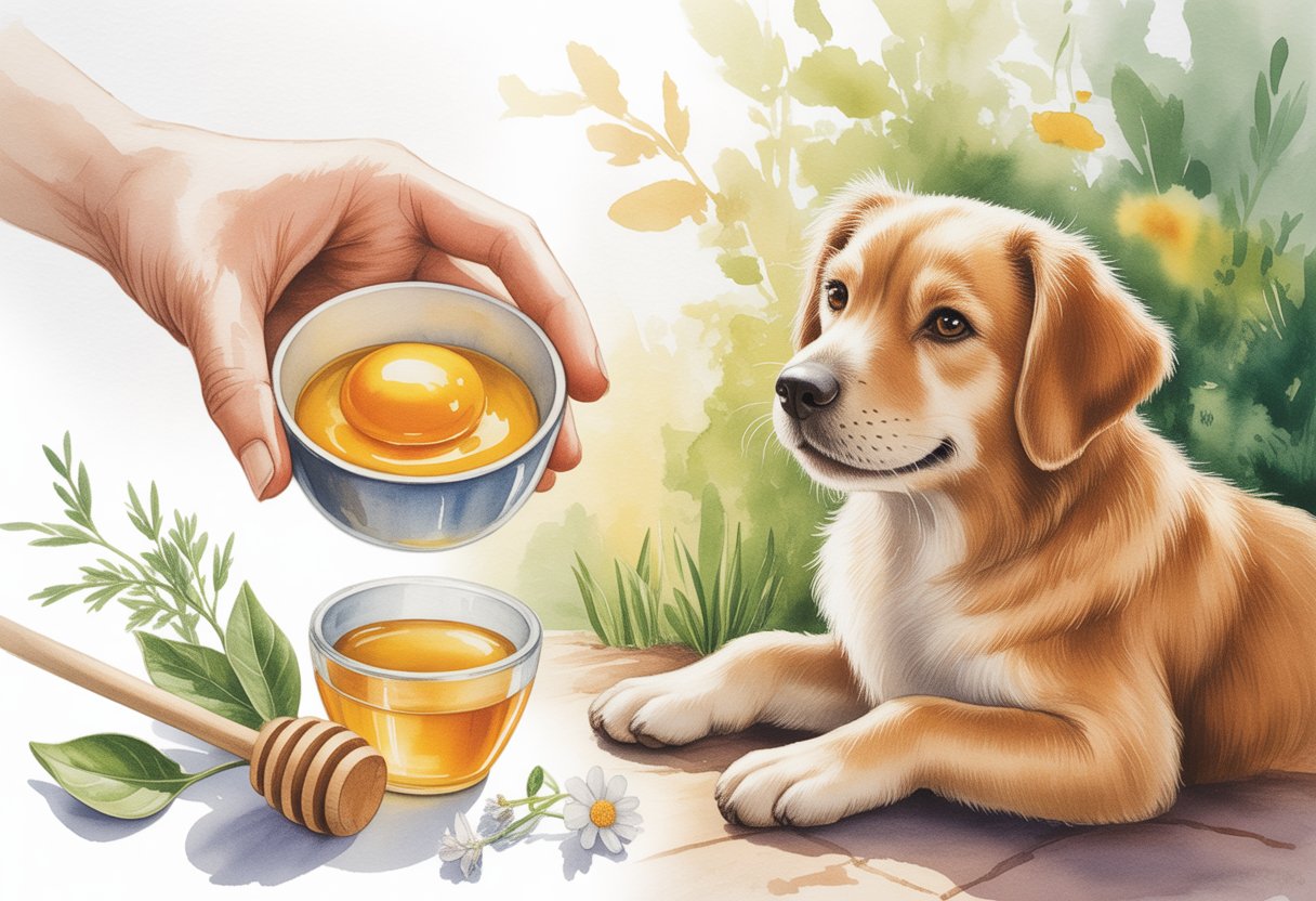A hand holding a bowl of egg yolk near a healthy dog with a shiny coat, surrounded by natural ingredients in a garden setting.