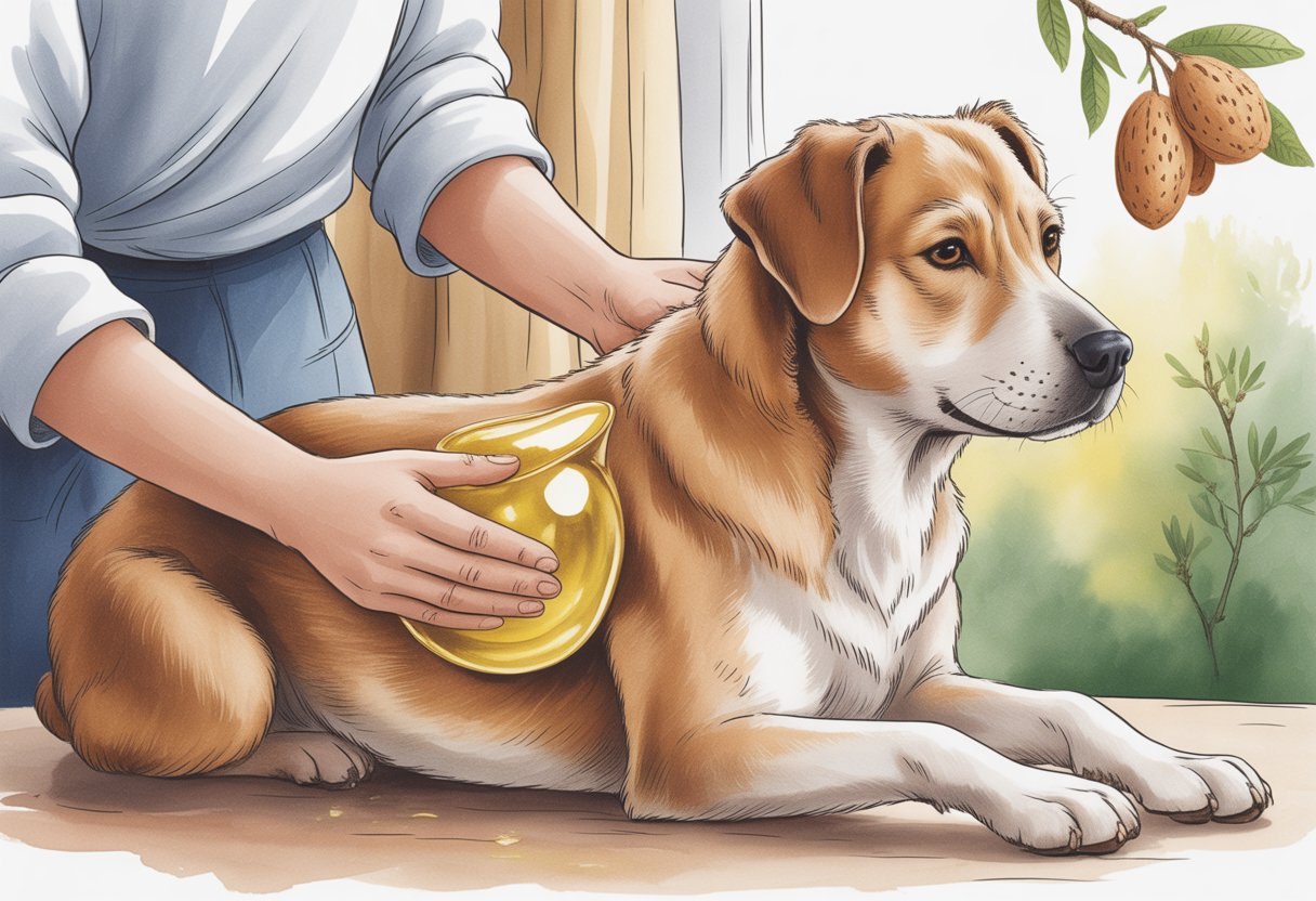 A person gently massaging oil into a calm dog's coat indoors with natural light and almond branches nearby.