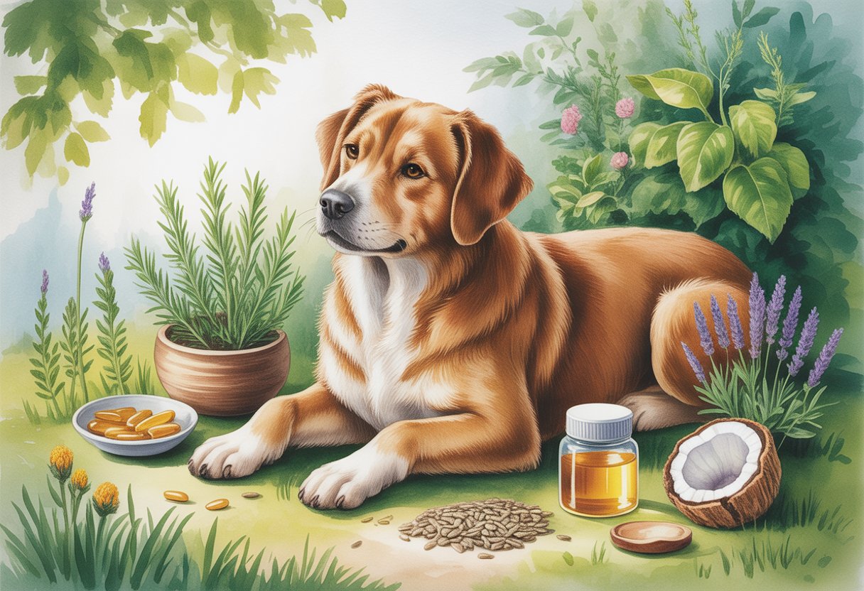A healthy dog with a shiny coat sitting in a garden surrounded by natural remedies like herbs, oils, and seeds.