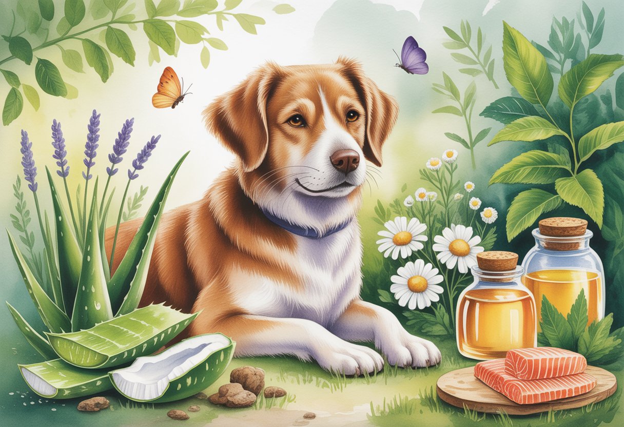 A calm dog with a shiny coat sitting in a garden surrounded by natural plants and ingredients representing remedies.