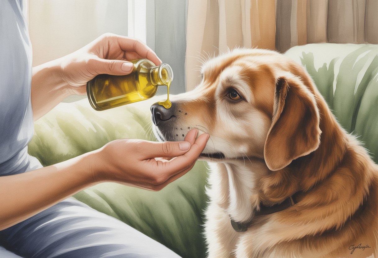 A person gently massaging olive oil onto a dog's nose while the dog sits calmly.