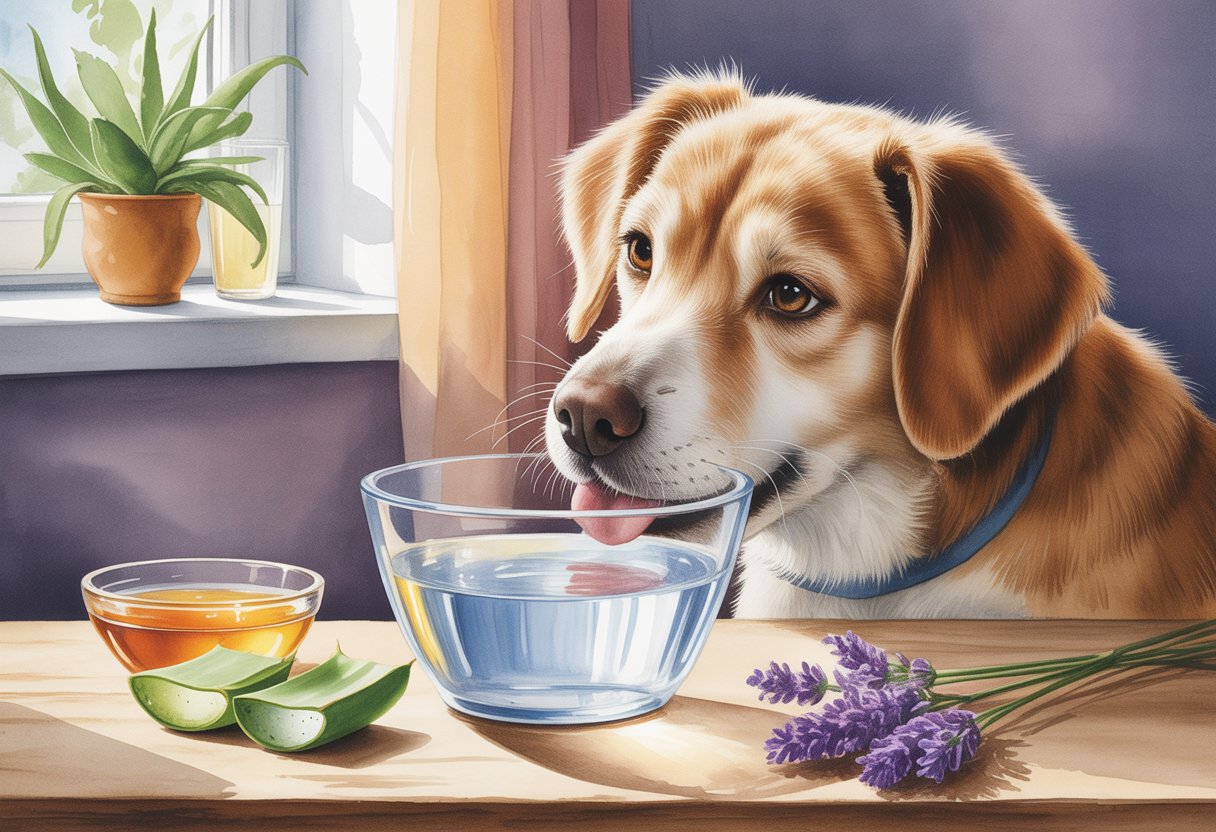 A dog drinking water from a bowl inside a cozy home with natural light and some home remedy items nearby.