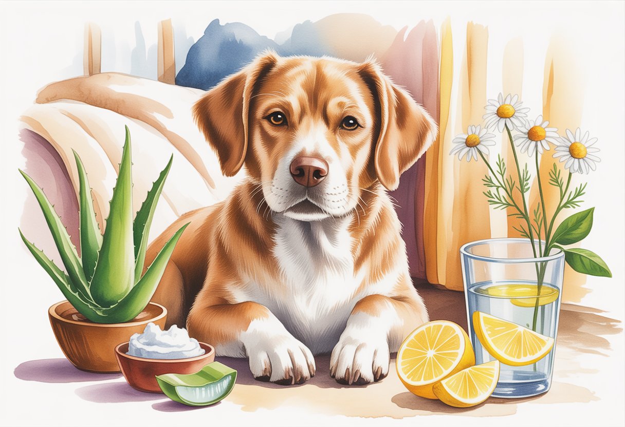 A calm dog sitting indoors surrounded by natural home remedy items like aloe vera, honey, chamomile flowers, and coconut oil.