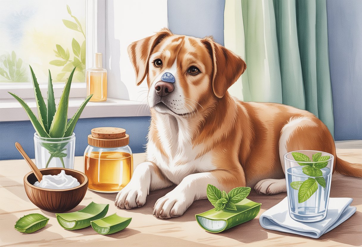 A calm dog sitting indoors surrounded by natural home remedy items like coconut oil, aloe vera leaves, honey, and water.