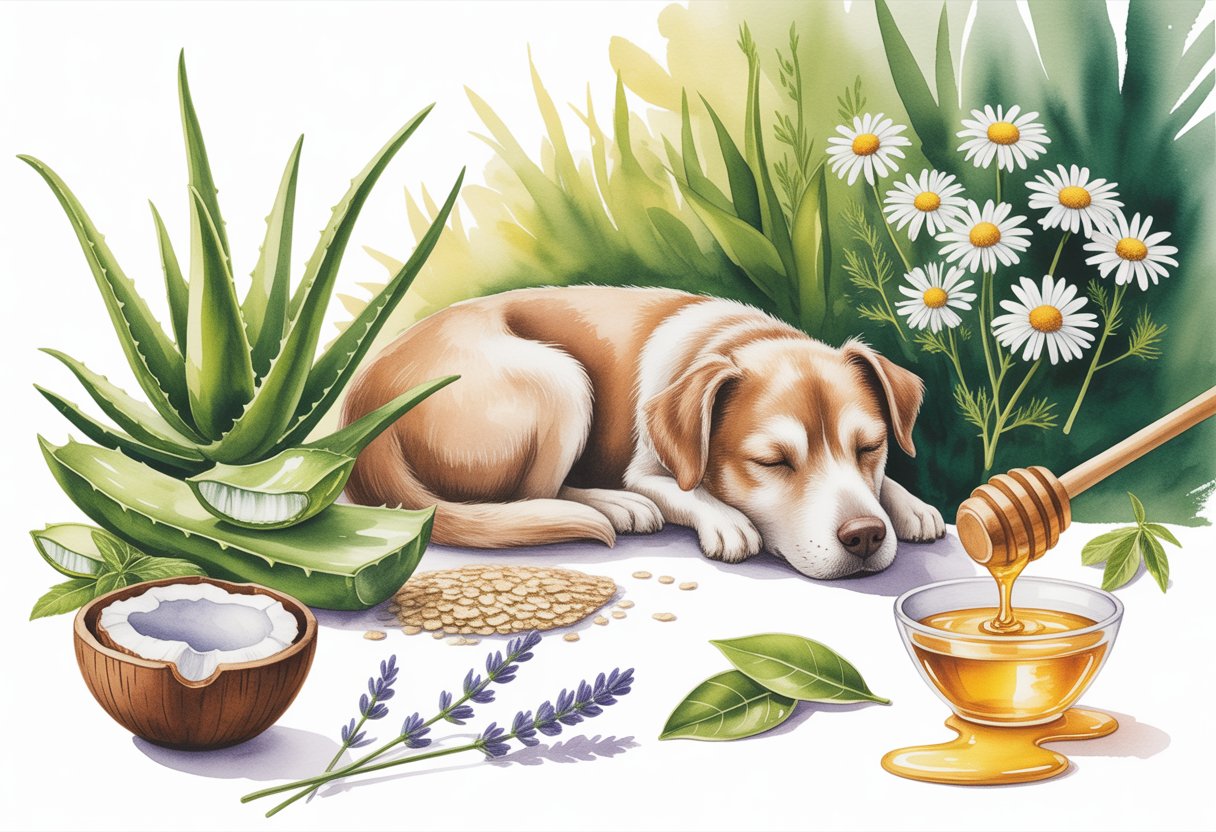A calm dog resting in a garden surrounded by natural healing plants and ingredients like aloe vera, chamomile, lavender, honey, oatmeal, and green tea.