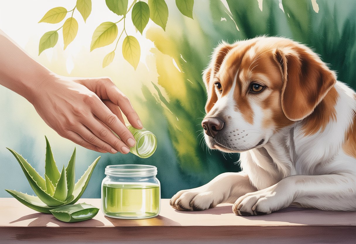 A calm dog having aloe vera gel gently applied to a spot on its fur by a human hand, surrounded by aloe leaves and soft greenery.