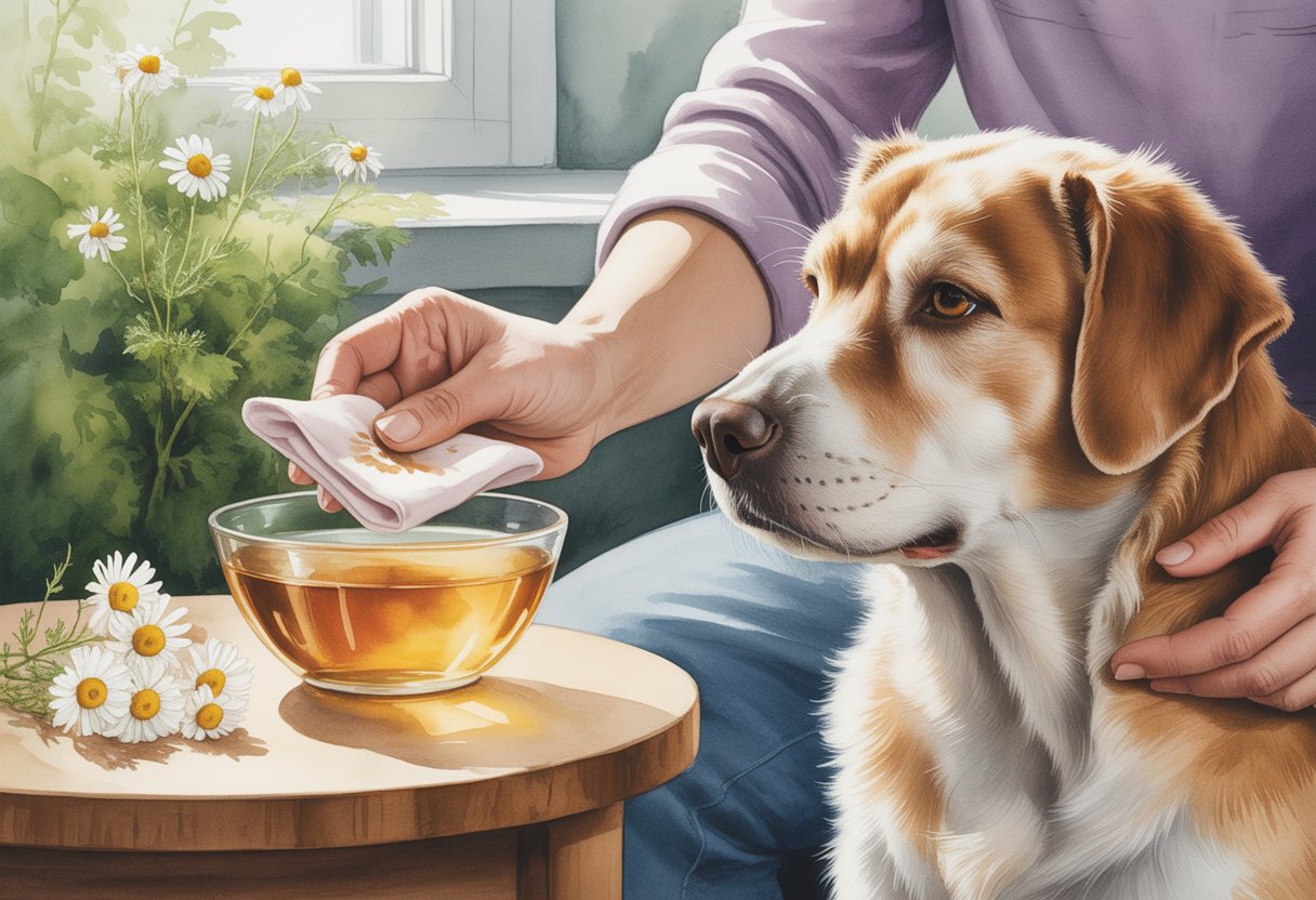 A calm dog with a reddish patch on its fur is receiving a chamomile tea compress applied by a gentle hand in a cozy, sunlit room.