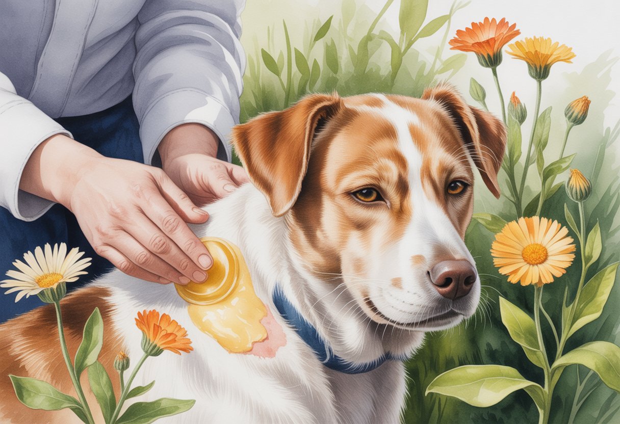 A person gently applying calendula ointment to a calm dog with a healing skin spot, surrounded by blooming calendula flowers in a garden.