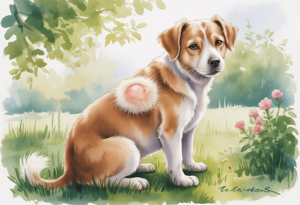 A calm dog sitting in a garden with trimmed fur around a small sore on its shoulder.