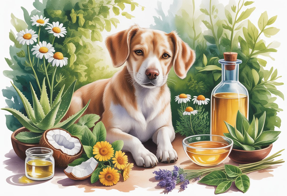 A calm dog sitting in a garden surrounded by plants and natural items used to treat ear infections.