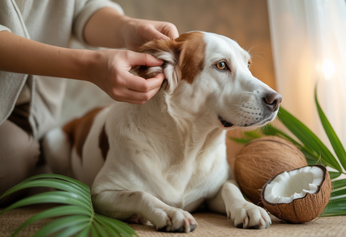 A person gently applying coconut oil inside a calm dog's ear while the dog sits patiently.