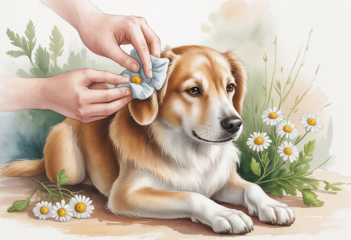 A calm dog receiving gentle treatment on its ear with chamomile compresses surrounded by chamomile flowers.