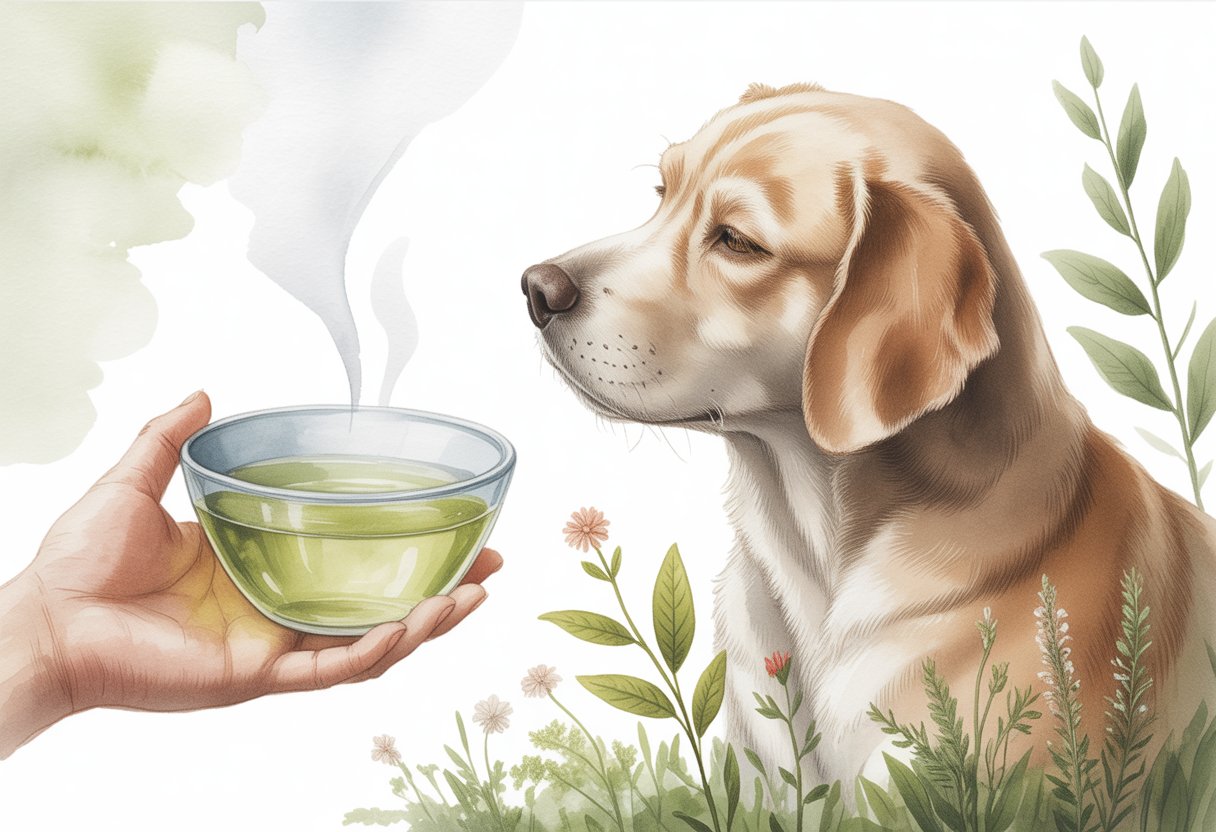 A calm dog with floppy ears sitting next to a hand holding a bowl of green tea, surrounded by green tea leaves and herbs.