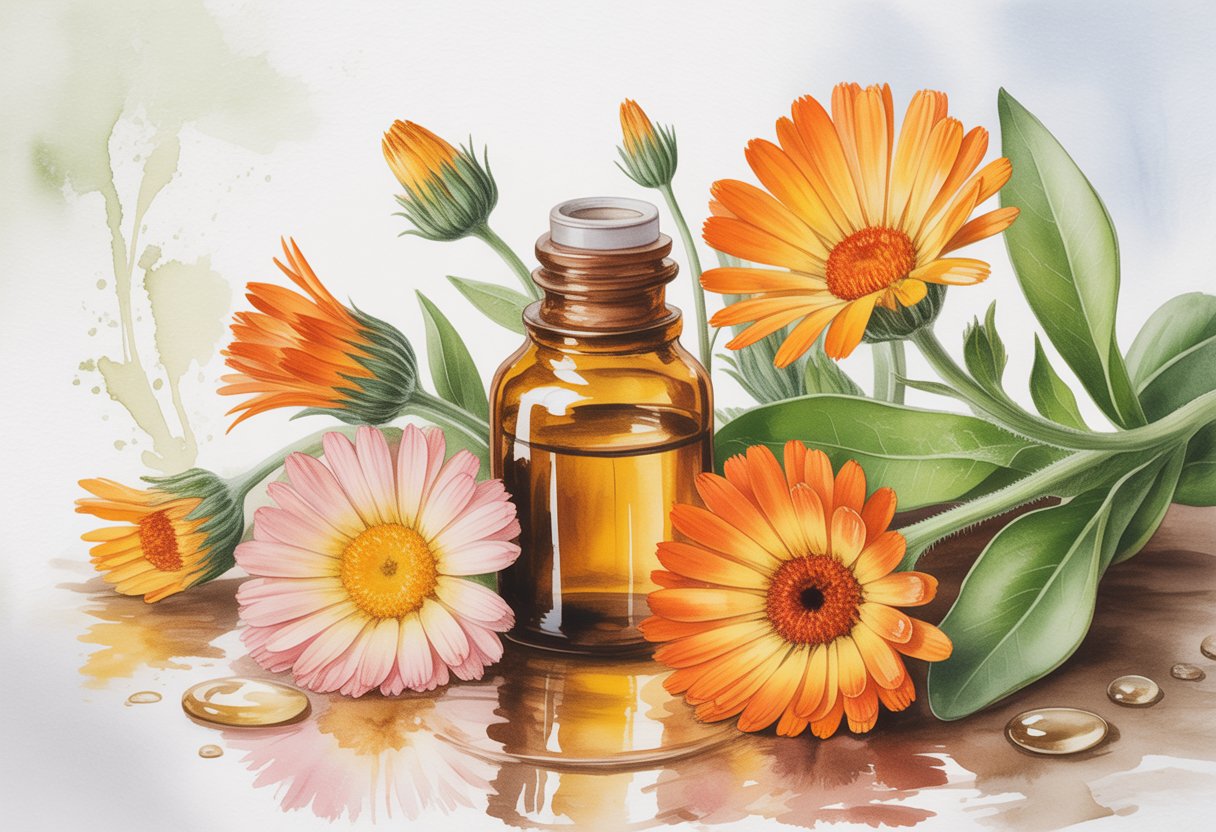 A small amber bottle surrounded by bright orange and yellow calendula flowers and green leaves with water droplets.