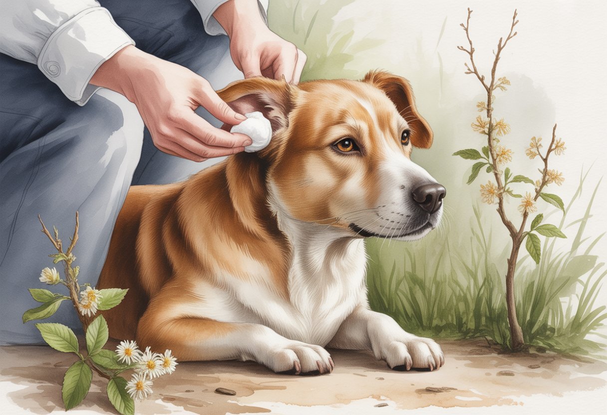A person gently cleaning a dog's outer ear with a cotton ball, surrounded by sprigs of witch hazel.