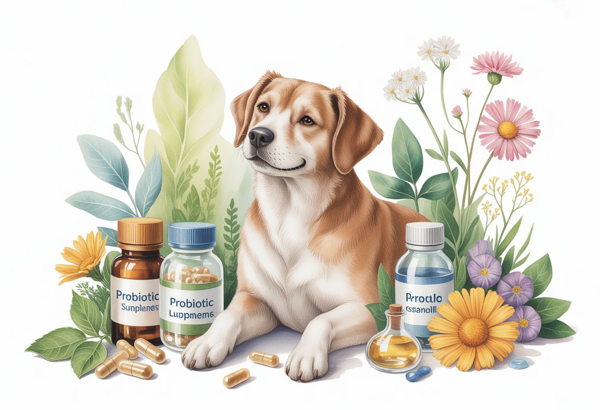 A peaceful dog sitting next to natural herbs, capsules, and small bottles, surrounded by green leaves and flowers.