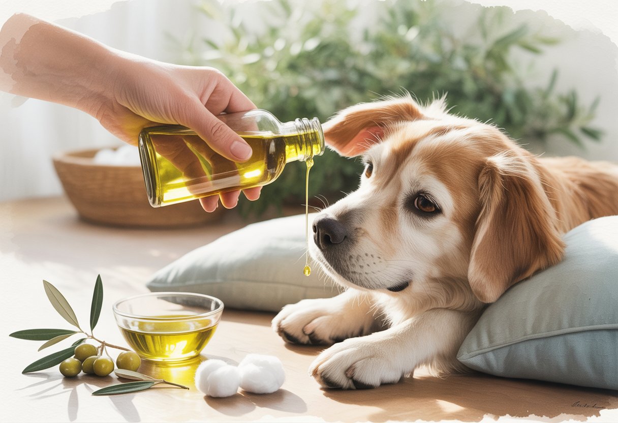 A person gently applying olive oil into a dog's ear while the dog sits calmly on a cushion surrounded by olive branches and cotton balls.