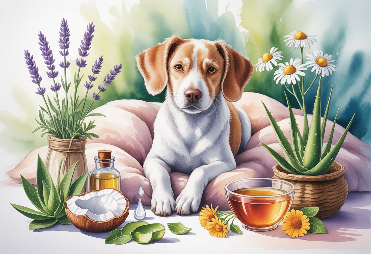 A calm dog sitting on a blanket surrounded by various natural plants and remedies.