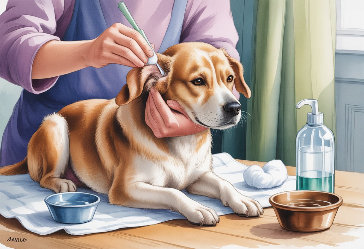 A person gently cleaning a dog's ears with a warm saline solution while the dog sits calmly indoors.