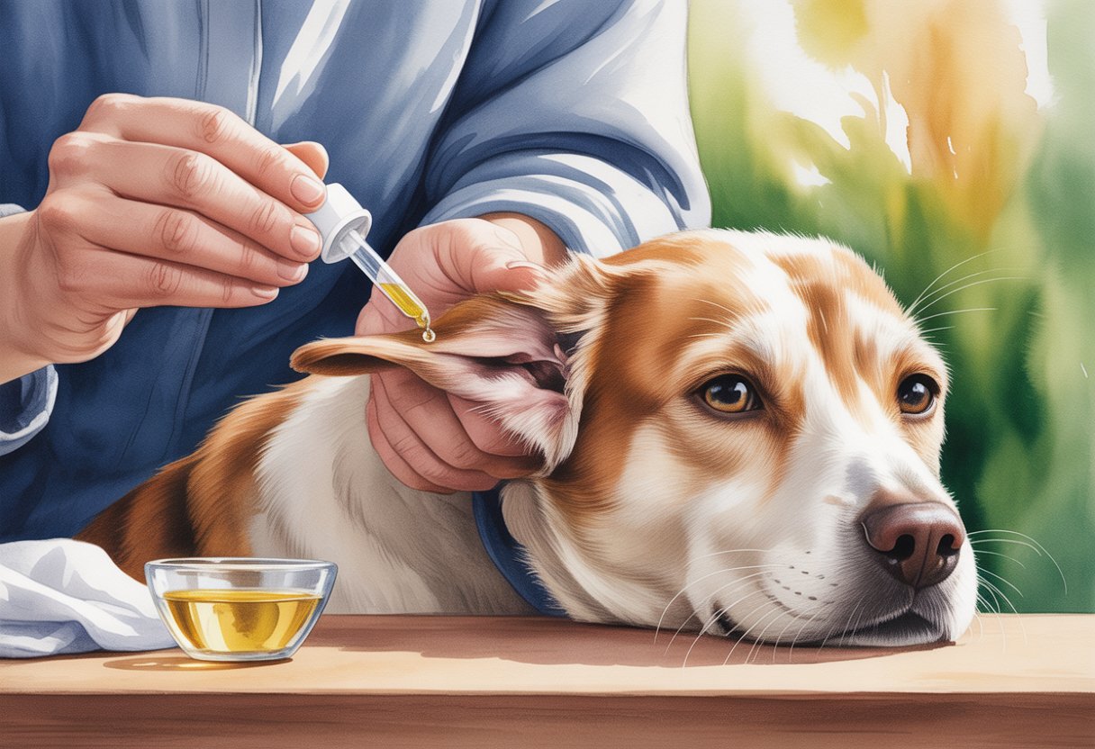 A person gently applying mineral oil to a dog's ear while the dog sits calmly.