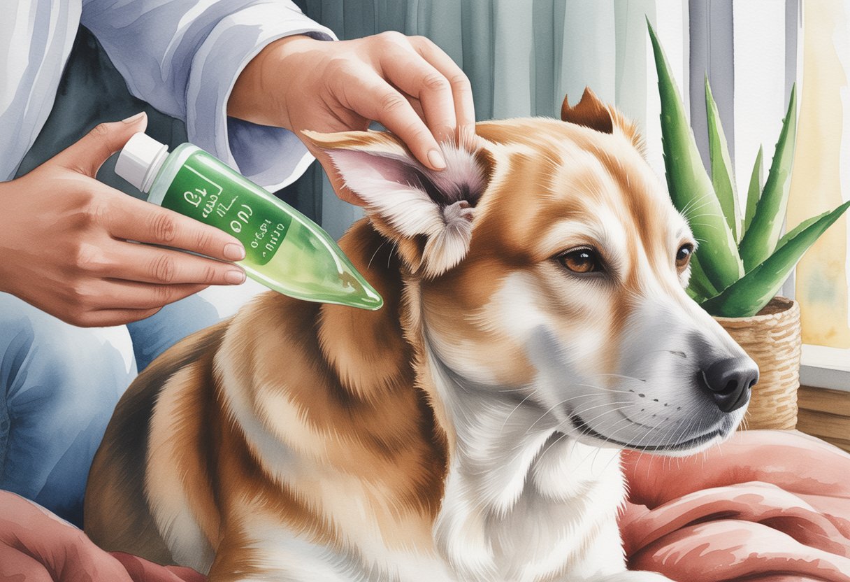 A person applying aloe vera gel to a calm dog's ear in a home setting.