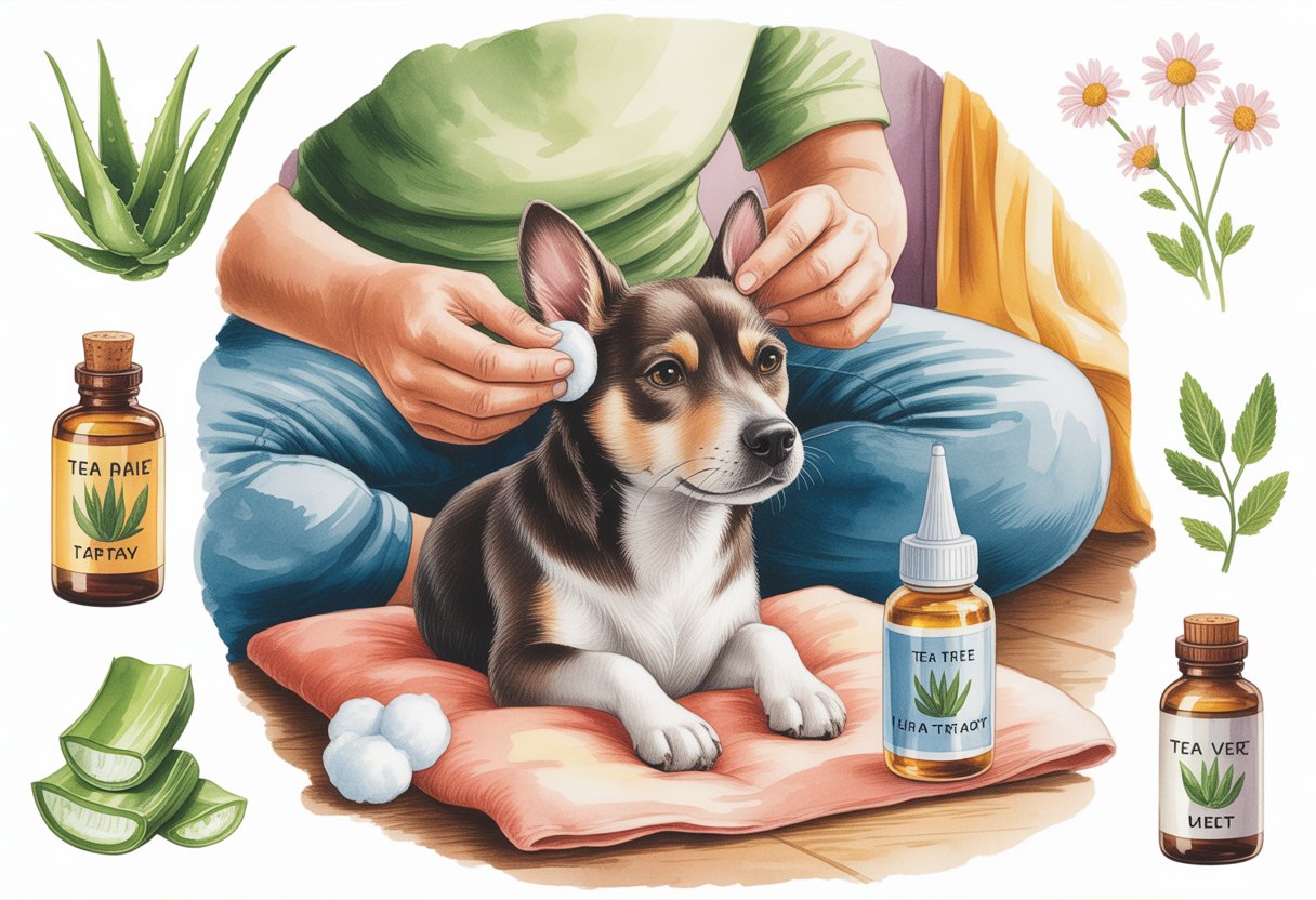 A person gently cleaning a dog's ear at home with natural remedies nearby, showing a calm dog sitting on a blanket.