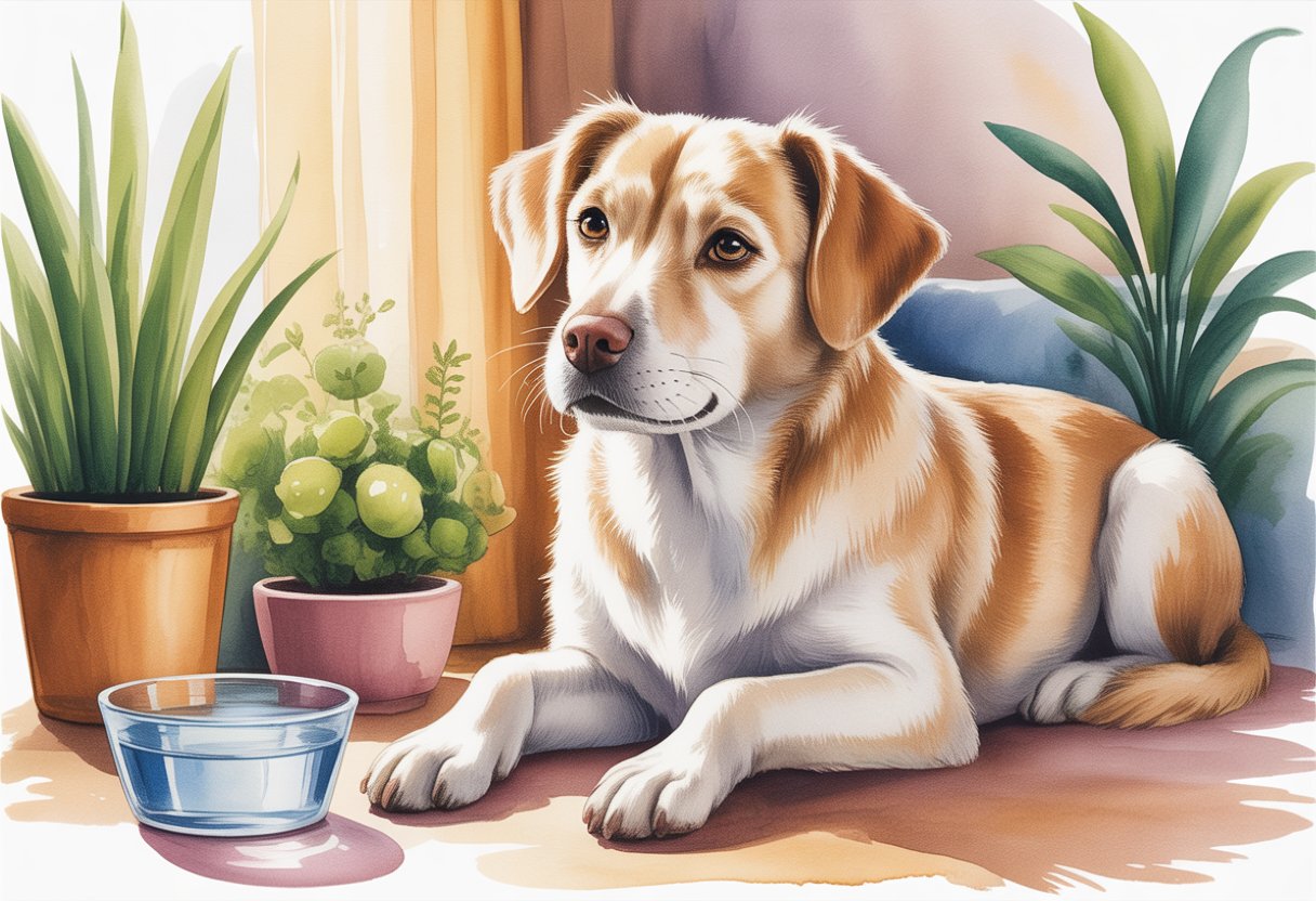 A calm dog sitting in a cozy room with gentle hands nearby, surrounded by plants and a water bowl.