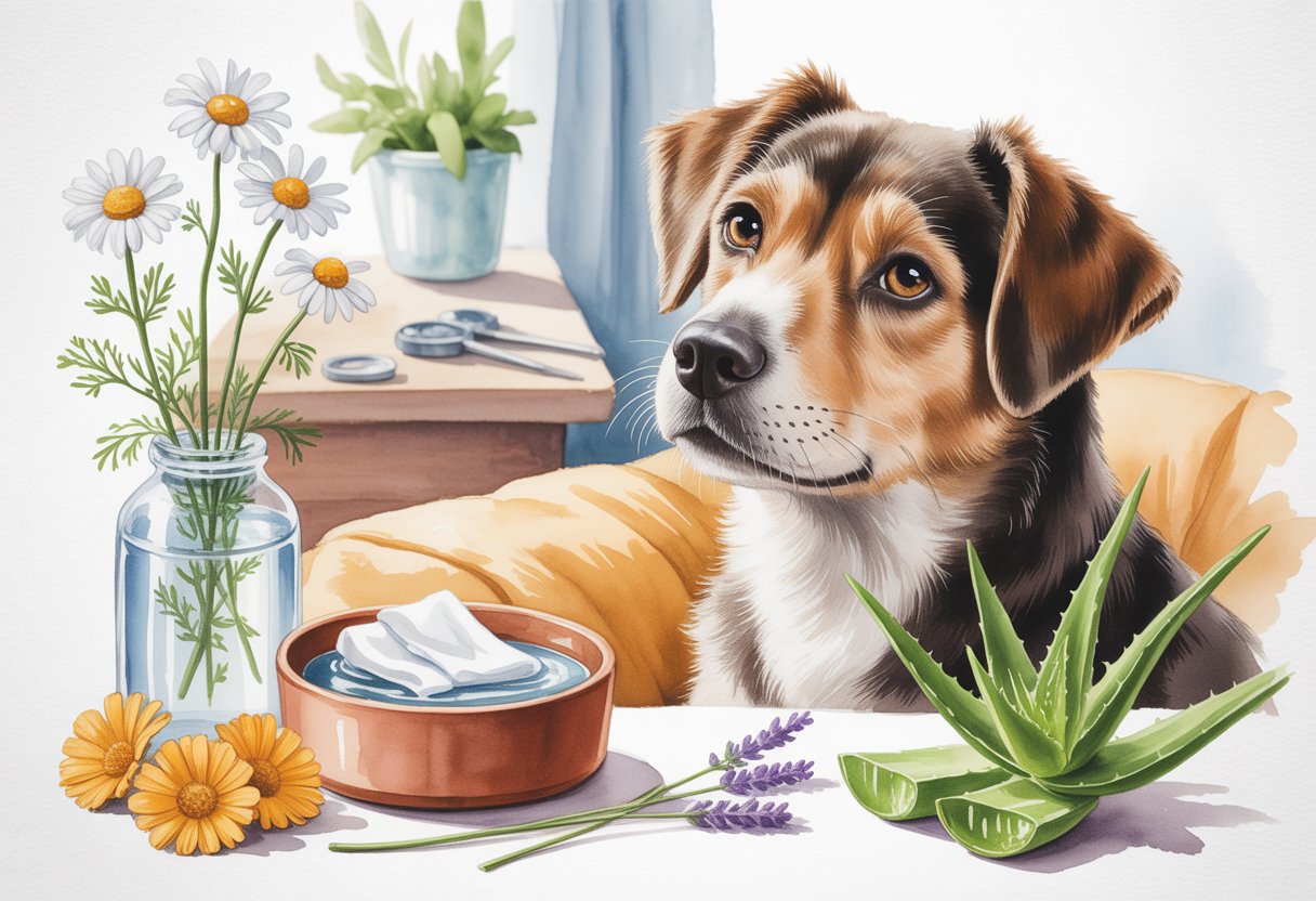 A calm dog sitting indoors surrounded by natural remedies like chamomile flowers, aloe vera leaves, and a bowl of water with a cloth.