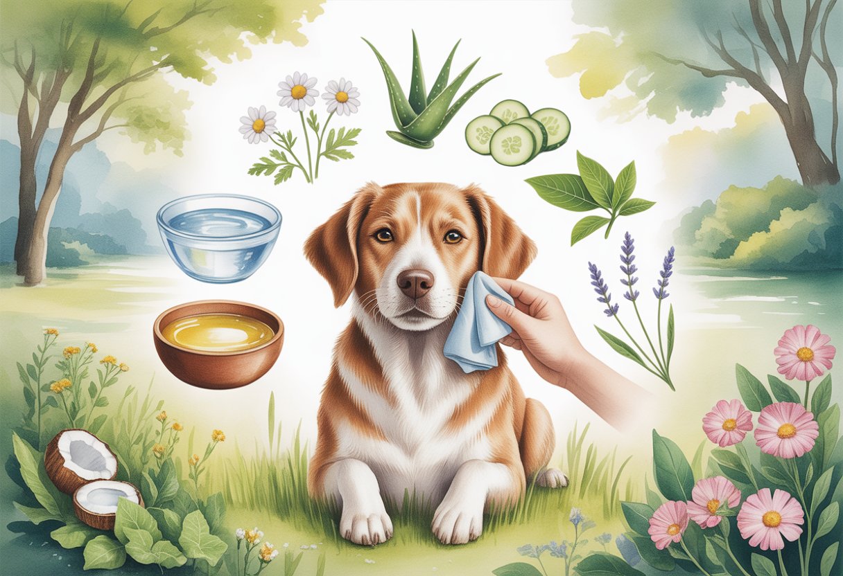 A calm dog sitting in a garden surrounded by natural plants and items representing gentle care for its eyes.