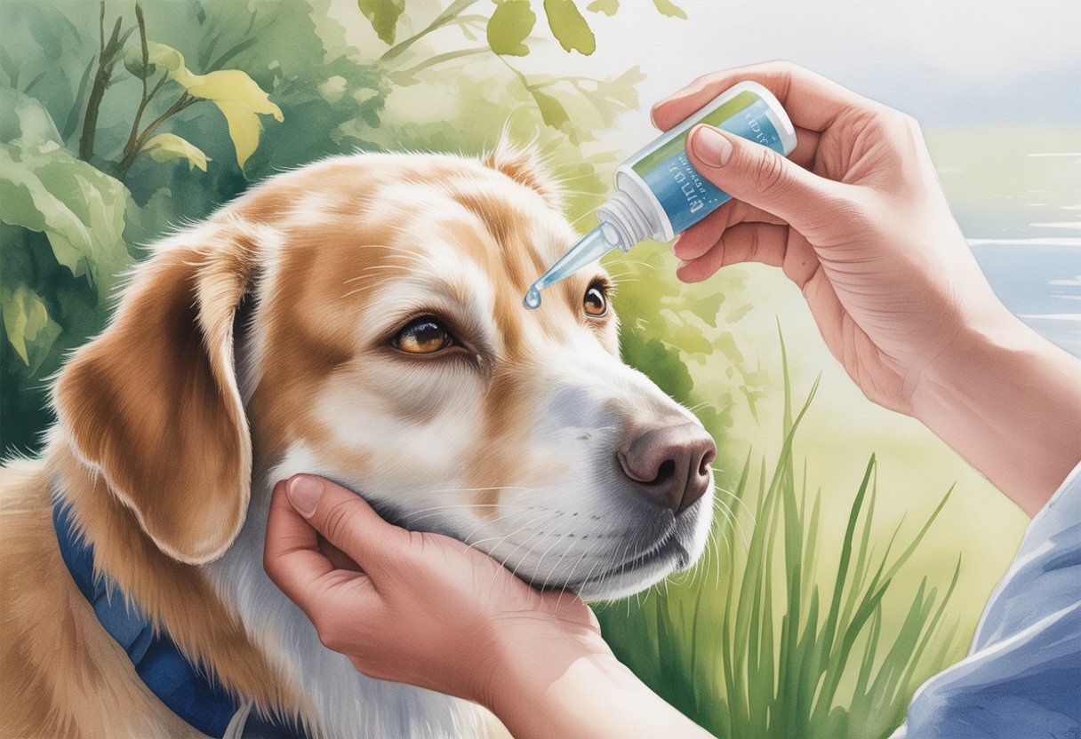 A dog having its eyes gently rinsed with saline solution by a person's hand in a calm outdoor setting.