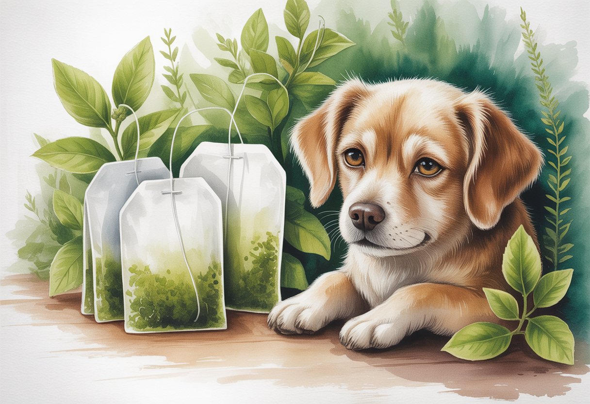 A dog with watery eyes sitting calmly next to warm green tea bags surrounded by green leaves.