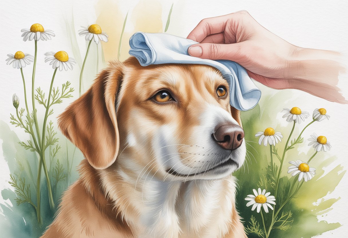 A calm dog having its eye gently wiped with a cloth, surrounded by chamomile flowers.
