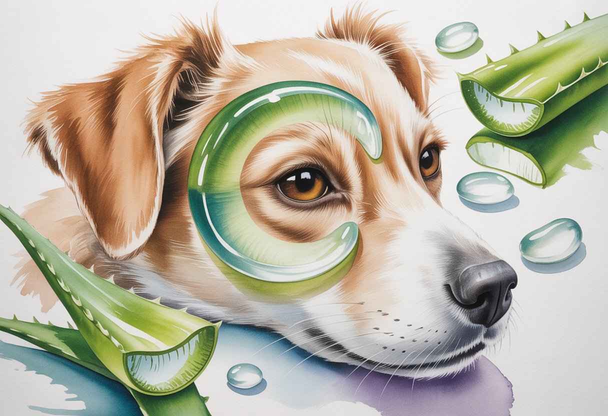 Close-up of a dog's face with aloe vera gel gently applied around its eye, surrounded by aloe leaves.