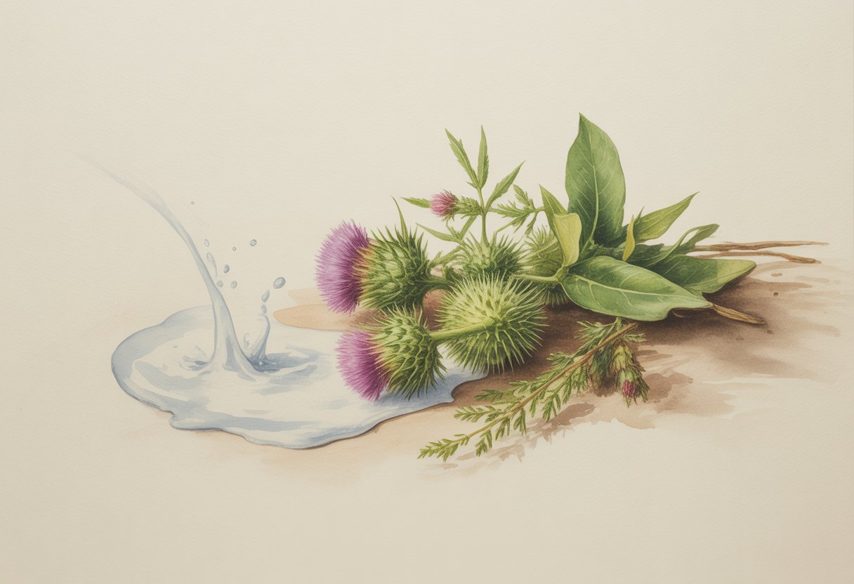 A peaceful scene showing milk thistle plants and other herbs with a gentle splash of milk nearby, symbolizing natural remedies for dog watery eyes.