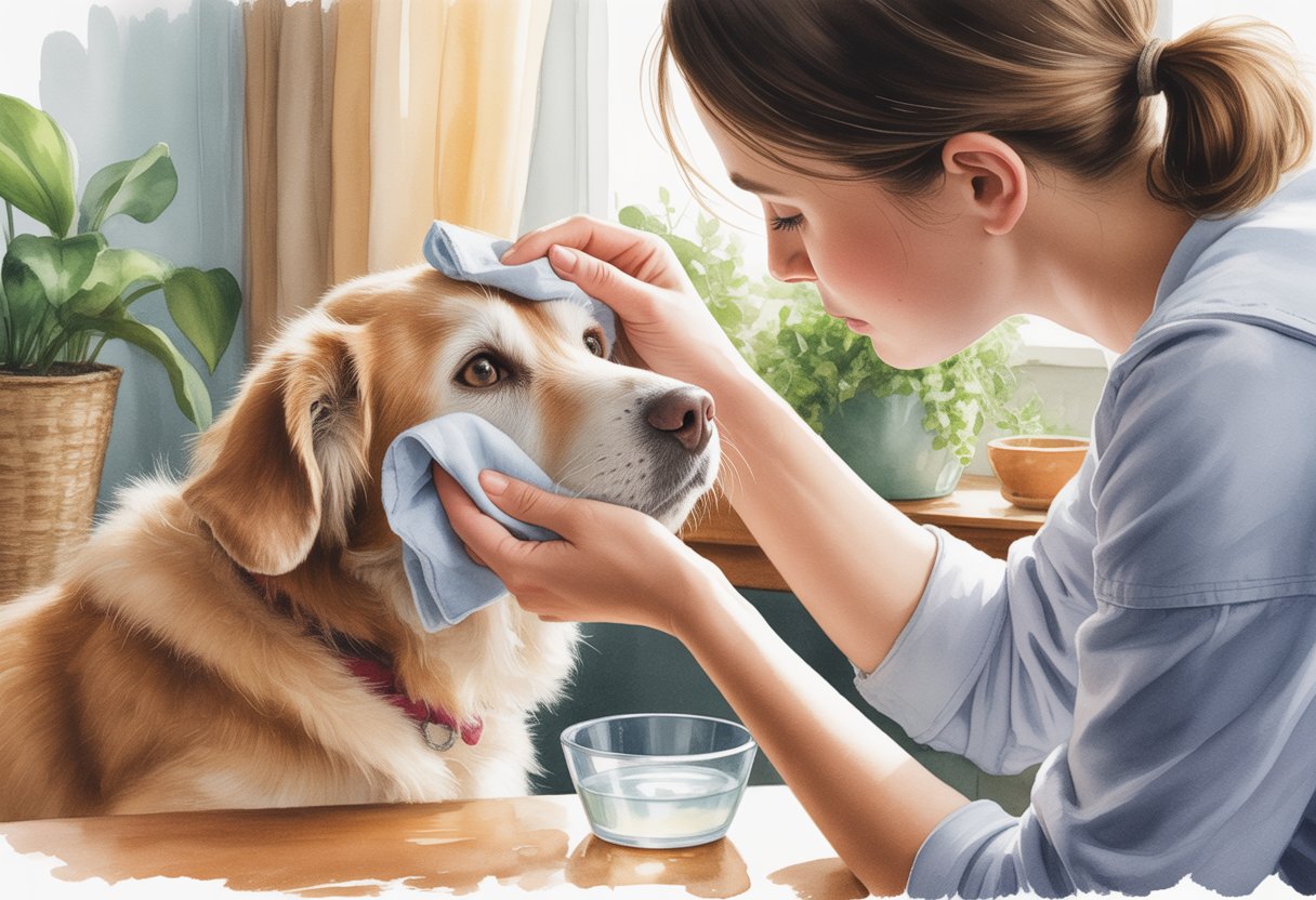 A person gently cleaning a dog's eyes with a soft cloth while the dog sits calmly indoors.