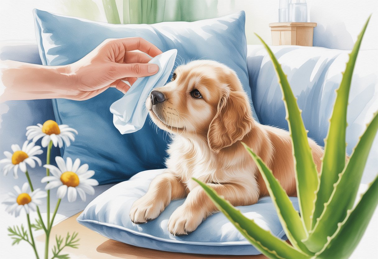 A person gently applying a cold compress to a small dog’s face in a cozy living room.